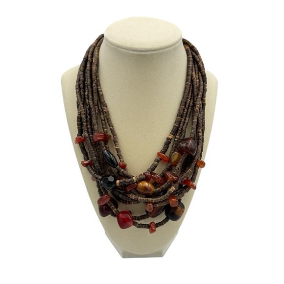 Chico’s Multi Strand Wood Bead Brown Red Stones Short Chunky Statement Necklace - Picture 3 of 8